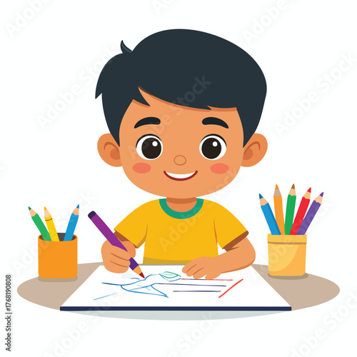 A young boy with dark hair smiles as he draws on a white sheet of paper with colored pencils.