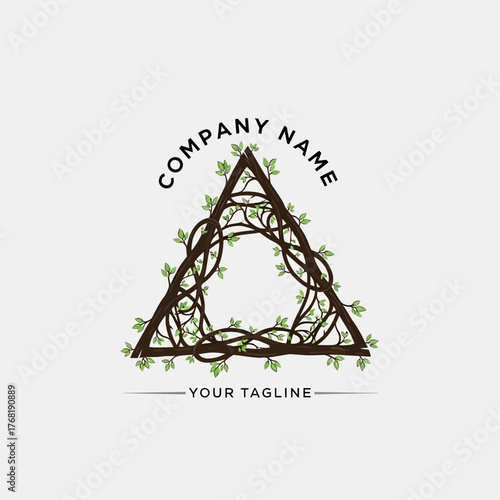 Triangle logo with vines and leaves, company name and tagline.