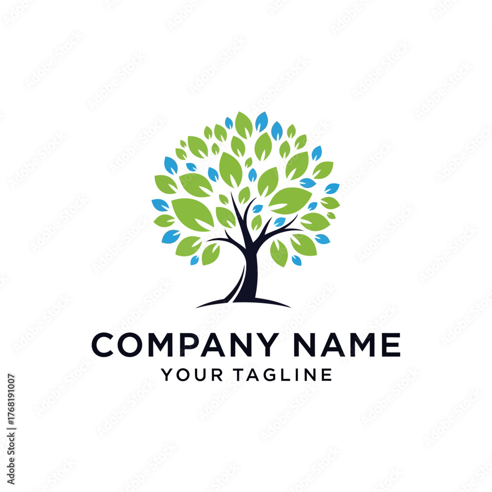 Obraz premium A vibrant logo featuring a tree with a full crown of green and blue leaves, with a dark trunk.