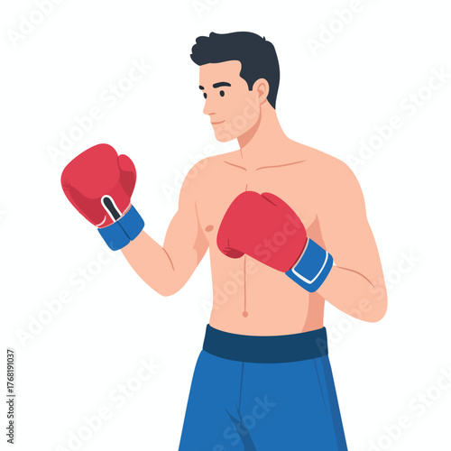 A shirtless male boxer in blue shorts and red gloves in a fighting stance.