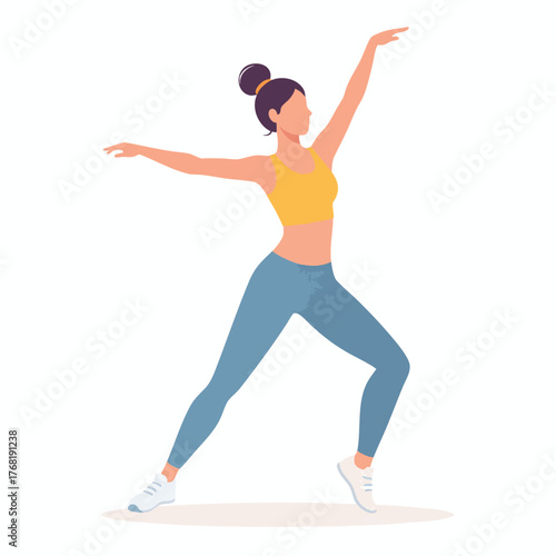 A woman in activewear gracefully poses with arms outstretched, demonstrating movement.
