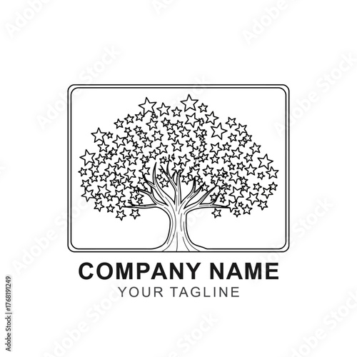 A stylized illustration of a tree with star-shaped leaves inside a rectangular frame, with text below.