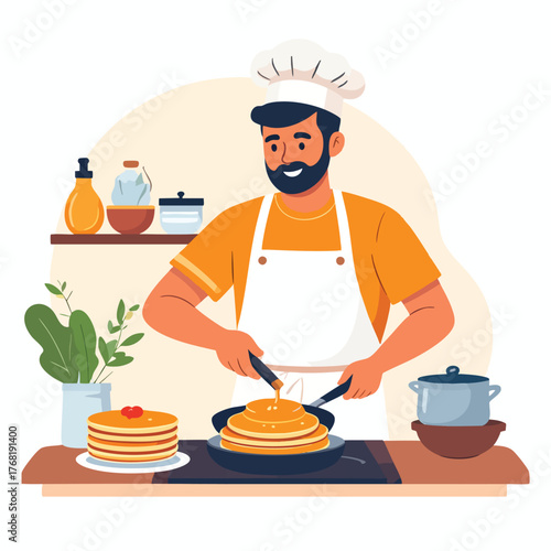 A chef is cooking pancakes in a kitchen, pouring syrup on a stack of pancakes.