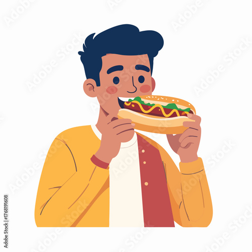 Illustration of a young man eating a hot dog with mustard and relish, holding it with both hands.