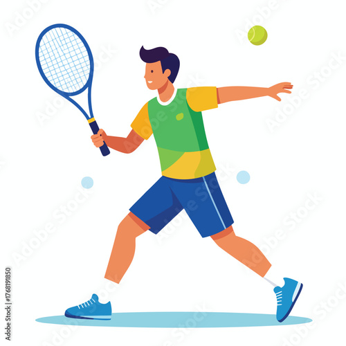 A man in sportswear swings a tennis racket, preparing to hit a tennis ball.