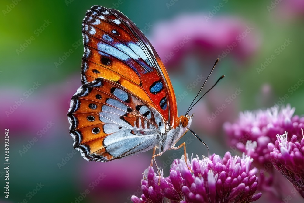Obraz premium Butterfly with orange and blue wings on purple flower