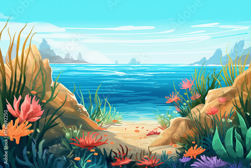 tropical beach with beautiful sky and clear sea water vector illustration for travel and summer vacation concept, rocks and flowers
