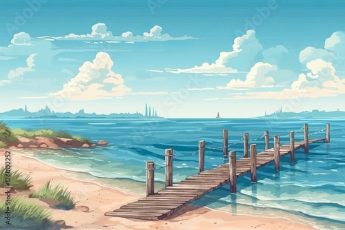 tropical beach with wooden pier and clear sea water vector illustration for travel and summer vacation concept
