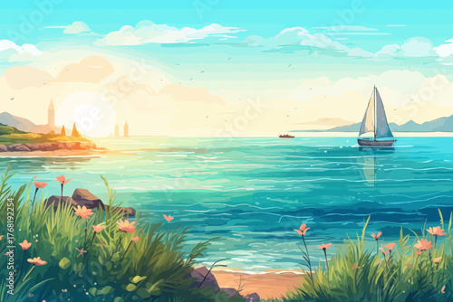 tropical beach with boat and clear sea water vector illustration for travel and summer vacation concept