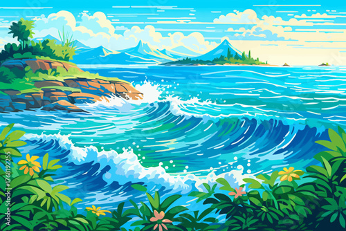 tropical beach with beautiful sky and clear sea water vector illustration for travel and summer vacation concept