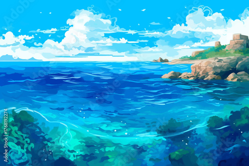 tropical beach with beautiful sky and clear sea water vector illustration for travel and summer vacation concept