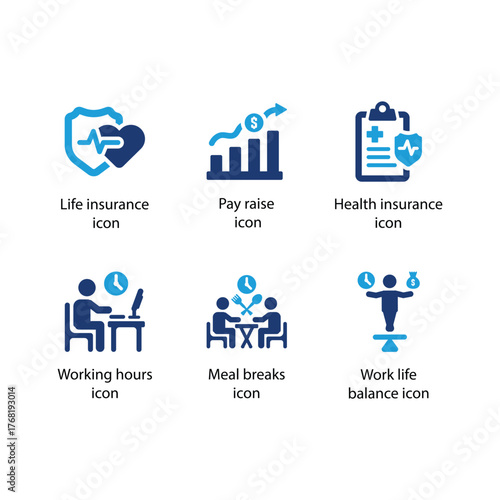 Life insurance, Pay raise, Health insurance, Working hours, Meal breaks, Work life balance, icon