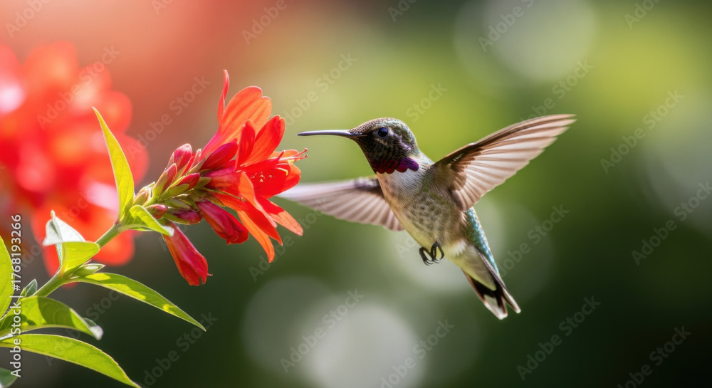 Naklejka premium A hummingbird hovers near vibrant red flowers, wings extended, feeding.