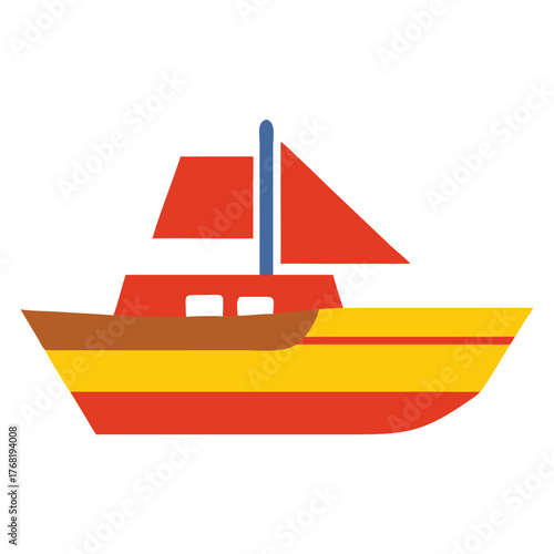 A vibrant and stylized illustration of a classic sailboat with red and yellow striped hull and red sails set against a clean white background evoking a sense of summer adventure and nautical explorati