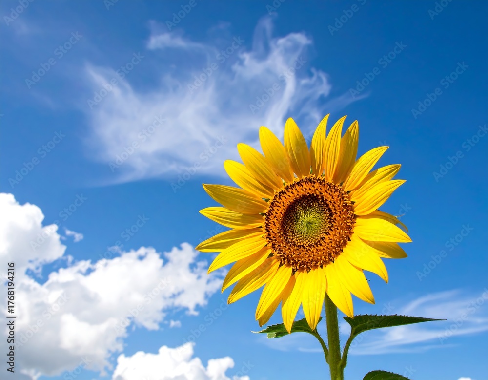Obraz premium Sunflower against a bright blue sky with puffy white clouds