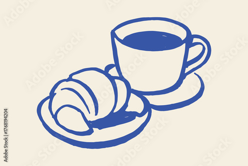 coffee cup croissant breakfast sketch blue brush line vector illustration