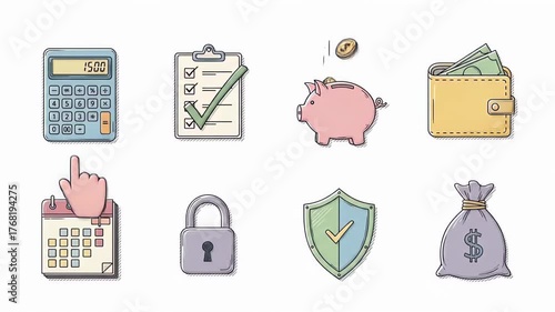 Collection of financial icons including calculator, checklist, piggy bank, wallet, calendar, padlock, shield, and money bag, all in a cartoon style.