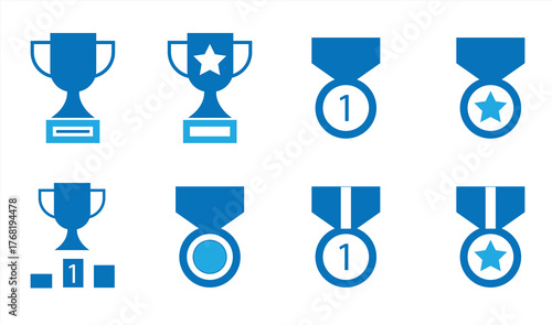 Cup & Trophy icon set. Winner icon collection. Award symbol collection. Silhouettes of Trophies and Winner Medals. Vector illustration.