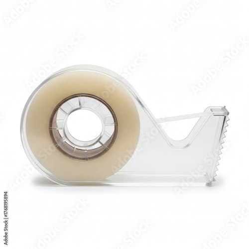 A clear plastic desk tape dispenser with a roll of transparent sticky tape, an essential stationery item for office or school, isolated on a white background