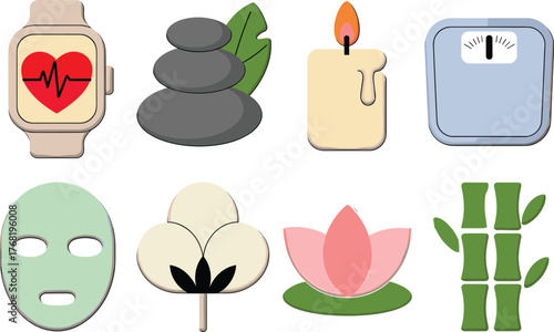 Collection of minimalist spa and wellness icons, relaxation elements including candle, lotus, bamboo, stones, smartwatch, and face mask illustration