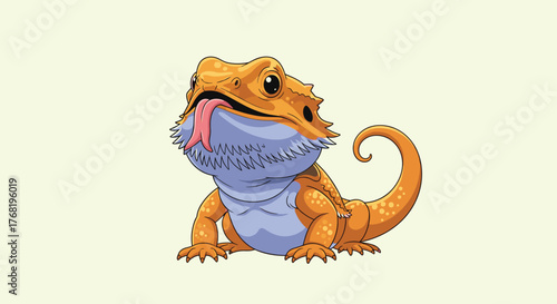An adorable little bearded dragon reptile with its tongue sticking out and tail curled.