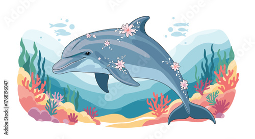 A gentle dolphin swims through colorful coral reefs and green seaweed underwater.