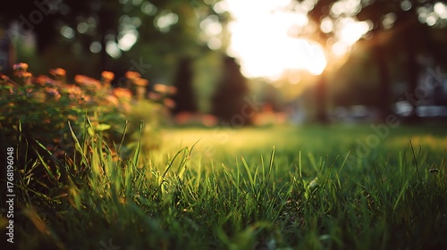 Fototapeta Naklejka Na Ścianę i Meble -  Lush Green Grass and Wildflowers Bathed in the Warmth of a Sunset