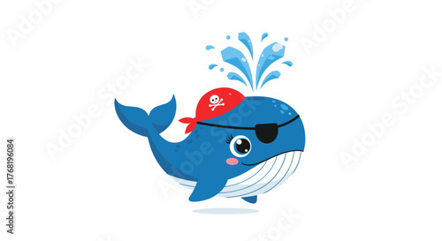 A cute cartoon blue whale dressed as a pirate with a bandana and eye patch.