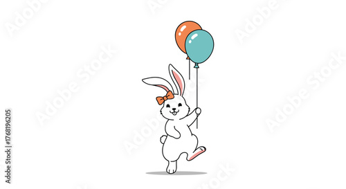 A cute cartoon bunny holding two balloons while walking happily.