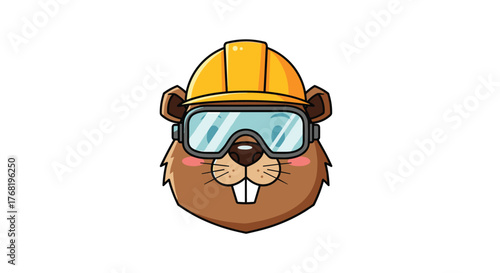 A cute beaver wearing a yellow hard hat and safety goggles is ready for construction work.