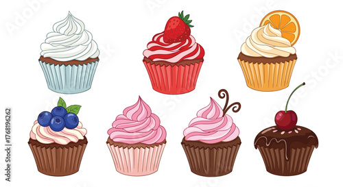 A variety of delicious cupcakes with different toppings and frostings.