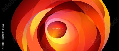 Abstract layers create dynamic circular pattern. Warm colors dominate, evoking energy, movement, depth. Modern design element.