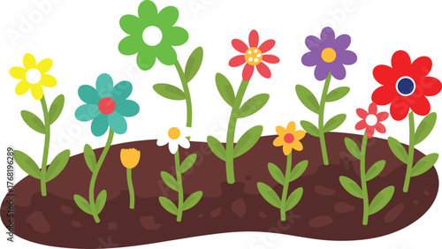 Colorful cartoon flower garden illustration with blooming plants and green leaves, cute nature scene, spring floral design, children’s art concept