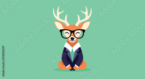 An adorable deer wearing glasses and a suit is meditating on a green background.