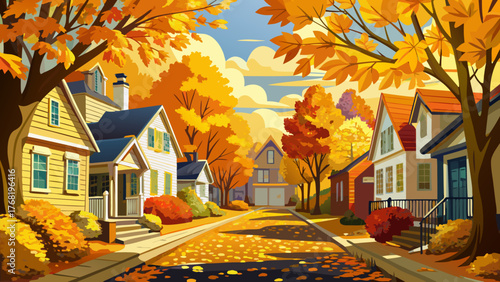 Very beautiful, yellow autumn leaves covering the street of a residential area with white colonial-style houses, vibrant fall foliage, and peaceful neighborhood scenery under warm seasonal sunlight.