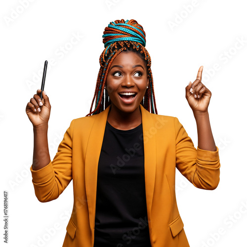 Excited African American woman having a great idea, pointing up with pen. Happy black businesswoman with colorful braids, eureka moment, isolated on transparent background, png