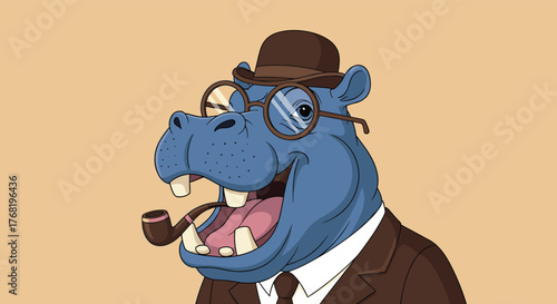 A dapper hippopotamus wearing spectacles and a bowler hat smokes a pipe.