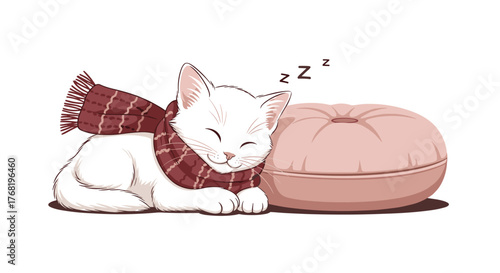 A cozy white cat wearing a warm scarf sleeps peacefully on a soft cushion.