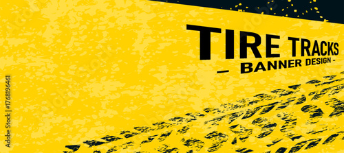 abstract tire tracks mark yellow banner in grungy style vector
