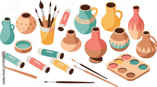 Colorful pottery and art supplies collection, ceramic vases and clay jars with paint brushes, watercolor palette, and paint tubes illustration