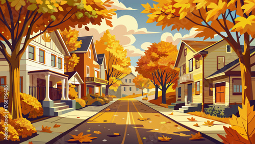 Very beautiful, yellow autumn leaves covering the street of a residential area with white colonial-style houses, vibrant fall foliage, and peaceful neighborhood scenery under warm seasonal sunlight.