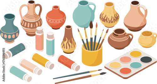 Colorful pottery and art supplies collection, ceramic vases and clay jars with paint brushes, watercolor palette, and paint tubes illustration