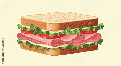 A delicious ham and cheese sandwich with fresh lettuce and tomato between two slices of toasted bread.