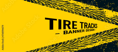 abstract tire tracks mark yellow banner in grungy style vector