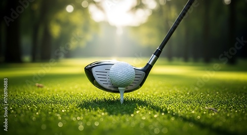 A golf club poised to strike a white golf ball on green grass