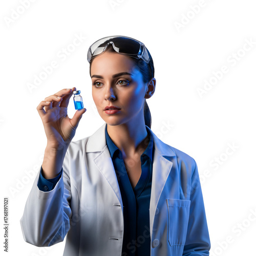 Focused female scientist examining a blue liquid in a glass vial. Researcher in lab coat and safety goggles, isolated on transparent background, png
