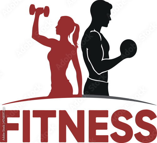 Silhouettes of Man and Woman Lifting Dumbbells with Bold “FITNESS” Text on White Background