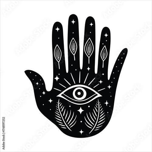 Mystic hand palmistry lines and eye symbol