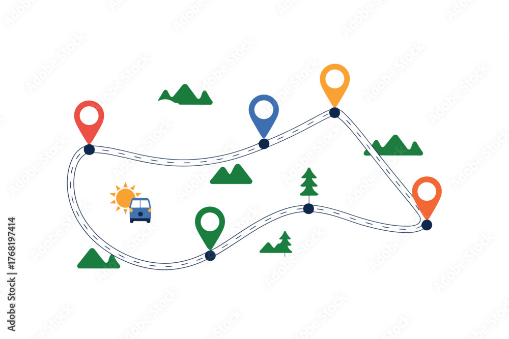 Naklejka premium Illustrated road trip map with bus, sun, trees, mountains and location markers