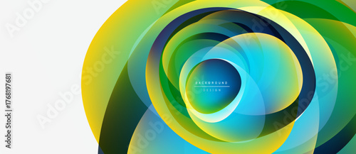 Abstract colorful layers create dynamic circular design. Gradient shades blend, forming modern background element. Vivid hues dominate composition.